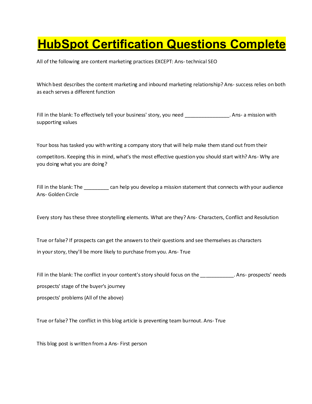 Preview image for HubSpot Certification Questions Complete